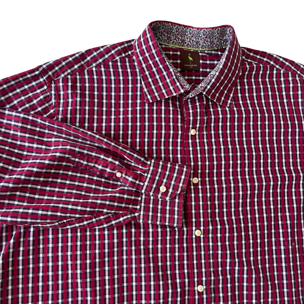 Tailorbyrd Mens 3XL Button Down Shirt Gingham Check Cotton Floral Trim Red Navy